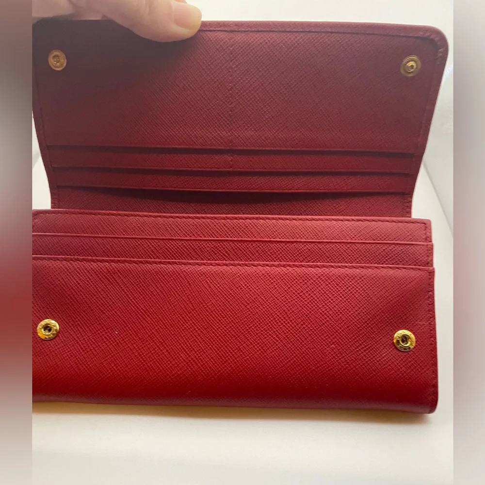 Prada - Saffiano Leather | Double Snap Long Wallet - Red | Gold Hardware - $1020 - Picture 8 of 16